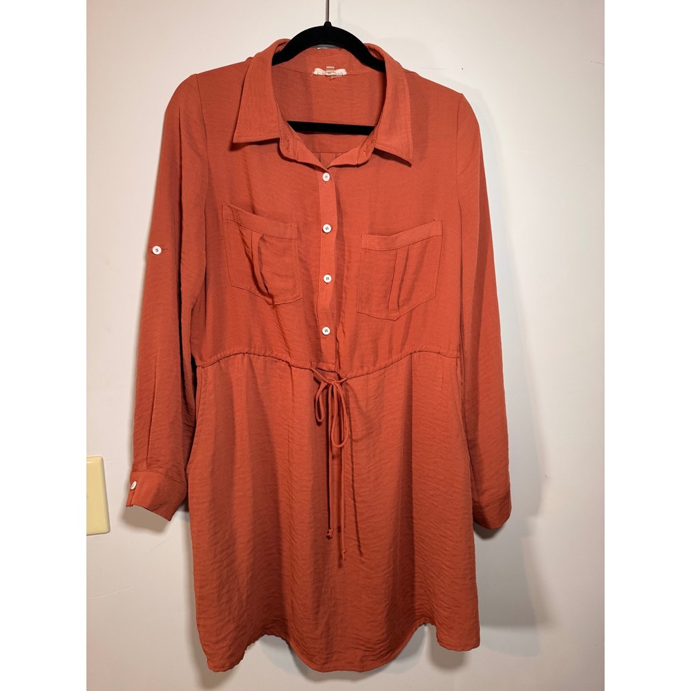 Blushing Heart Rust Orange Roll Tab Sleeve Drawstring Waist Shirt Dress Medium